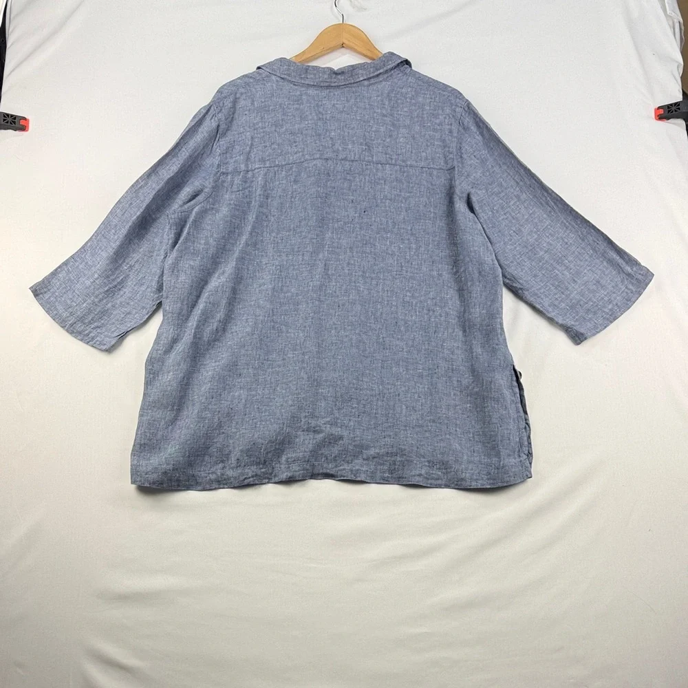 Antibes Blanc 100% Linen V-Neck Top Blue Size 1X - Picture 6 of 6
